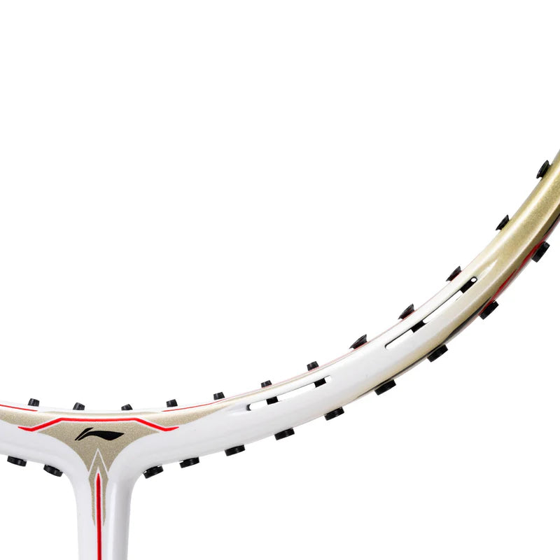 Close up of Li-Ning Aeronaut 9000 White Gold frame showing Air Stream Channel technology vents