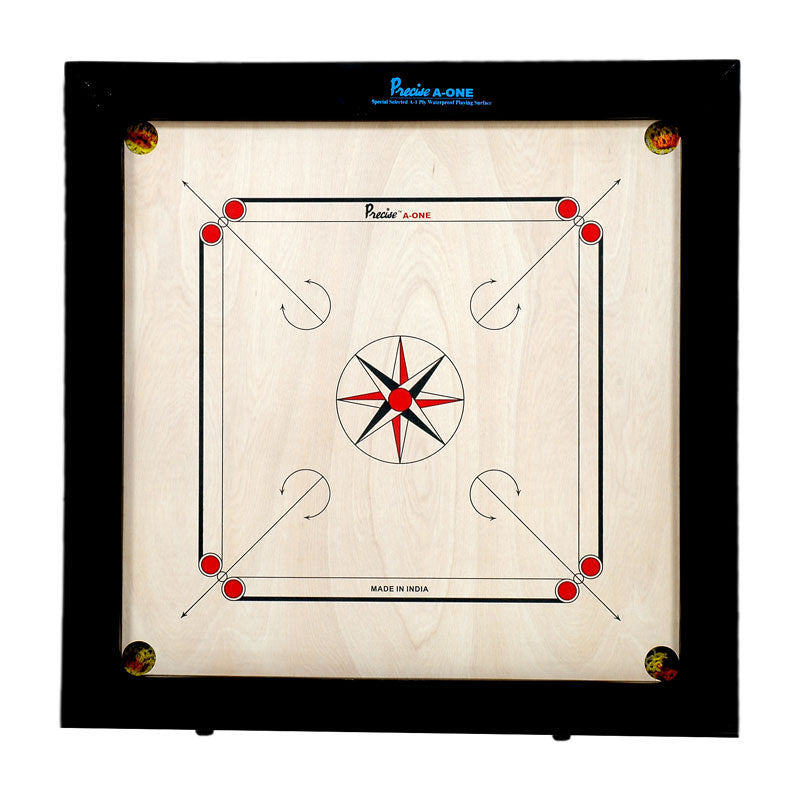 Top-down view of the Precise Champion Selected A-One Ply 20mm Carrom Board featuring a waterproof surface and thick 3x2 inch frame.