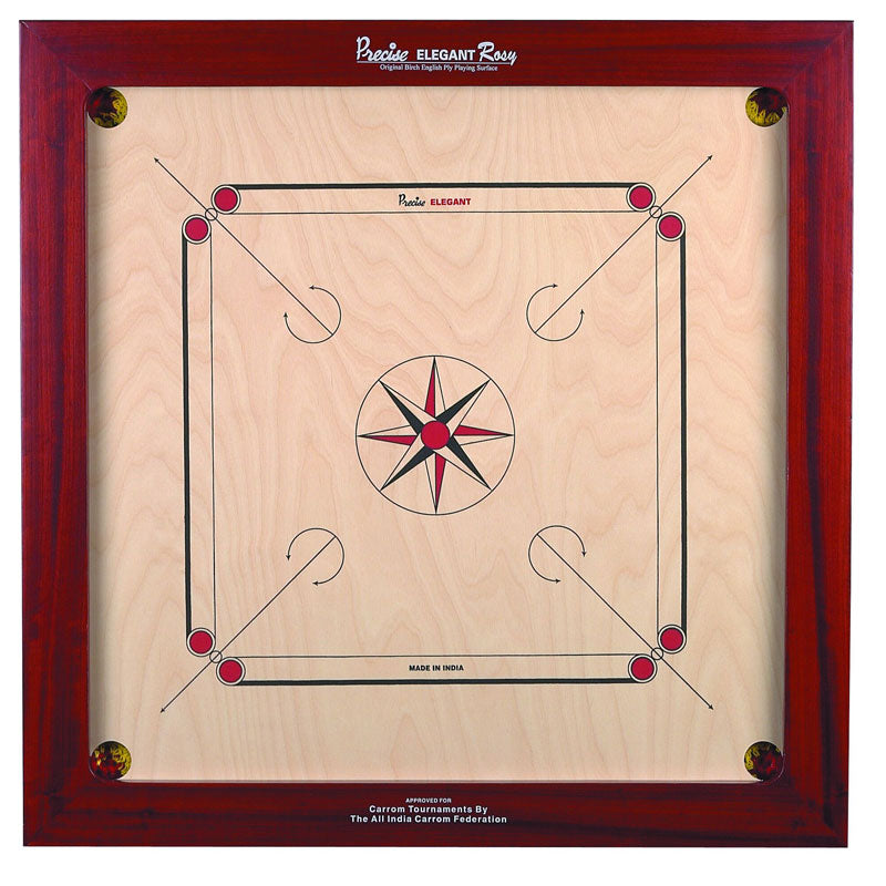 Top view of the Precise Champion Elegant Rosy Carrom Board featuring 20mm English Birch ply and a decorative rosewood frame.