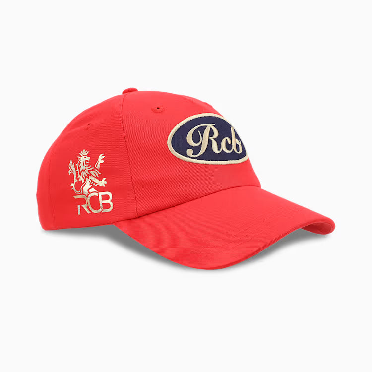 Full front view of the official PUMA Royal Challengers Bangalore red cricket cap featuring the embroidered gold RCB logo.