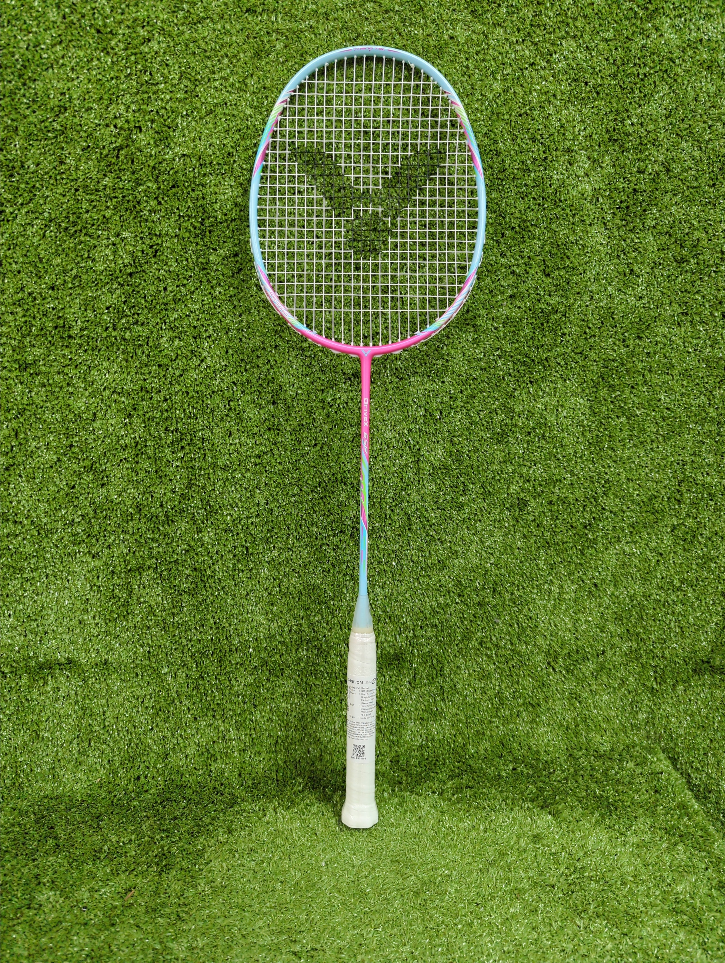 Rear full-length view of the Victor DriveX 6SP QM racket showing pink frame and white grip.