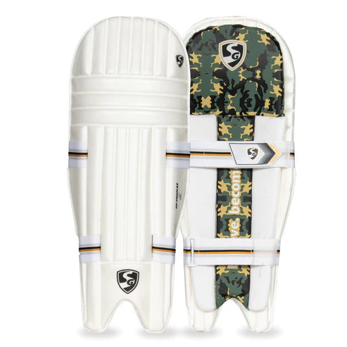 Front view of white SG HP Proflex Adult Cricket Batting Pads showing modern 3D-molded construction and a compact wrap-around fit.