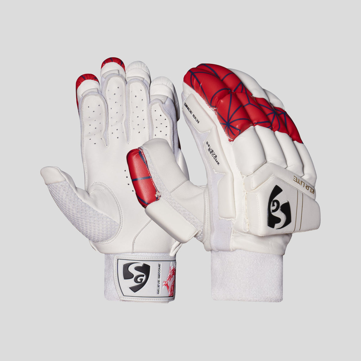 SG KLR Lite Junior/Youth Cricket Batting Gloves (Red/Blue/Gold) by SG - front and palm view - TopCricketStore