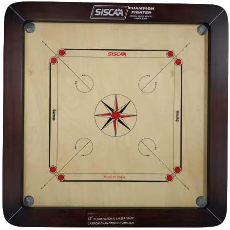 Top-down view of the professional Siscaa Champion Fighter 24mm carrom board, featuring a smooth English Birch ply surface and black 3x2 inch frame.
