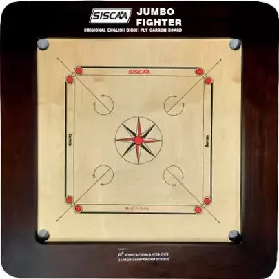 Top-down view of the Siscaa Jumbo Fighter 24mm English Birch carrom board, showing the smooth tournament playing surface and heavy 5x2 fast rebound frame.