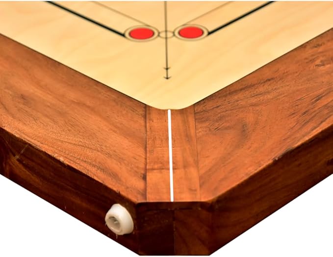 Close-up view of the heavy-duty corner pockets and reinforced frame on the 36mm Siscaa Sure Slam Jumbo Carrom Board.