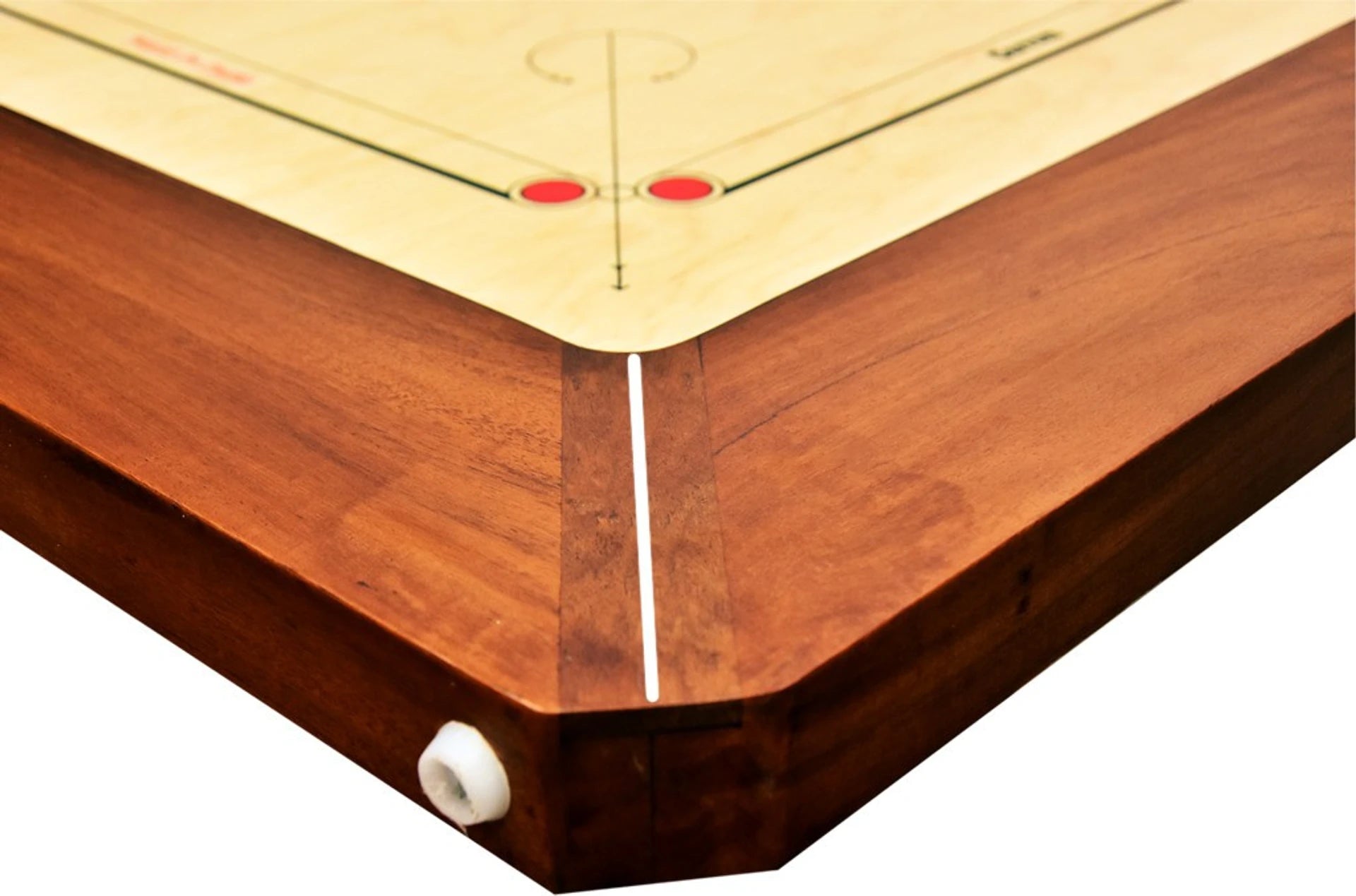 Close-up view of the reinforced 3x1.5 inch wooden frame and corner pockets on the 12mm Siscaa Sure Slam WINIT Carrom Board.
