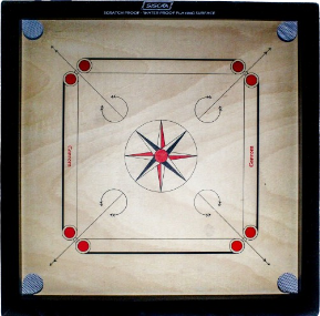 Top-down view of the Siscaa Tiger professional 32mm carrom board, featuring a 4x2 inch black and natural wood fast rebound frame.