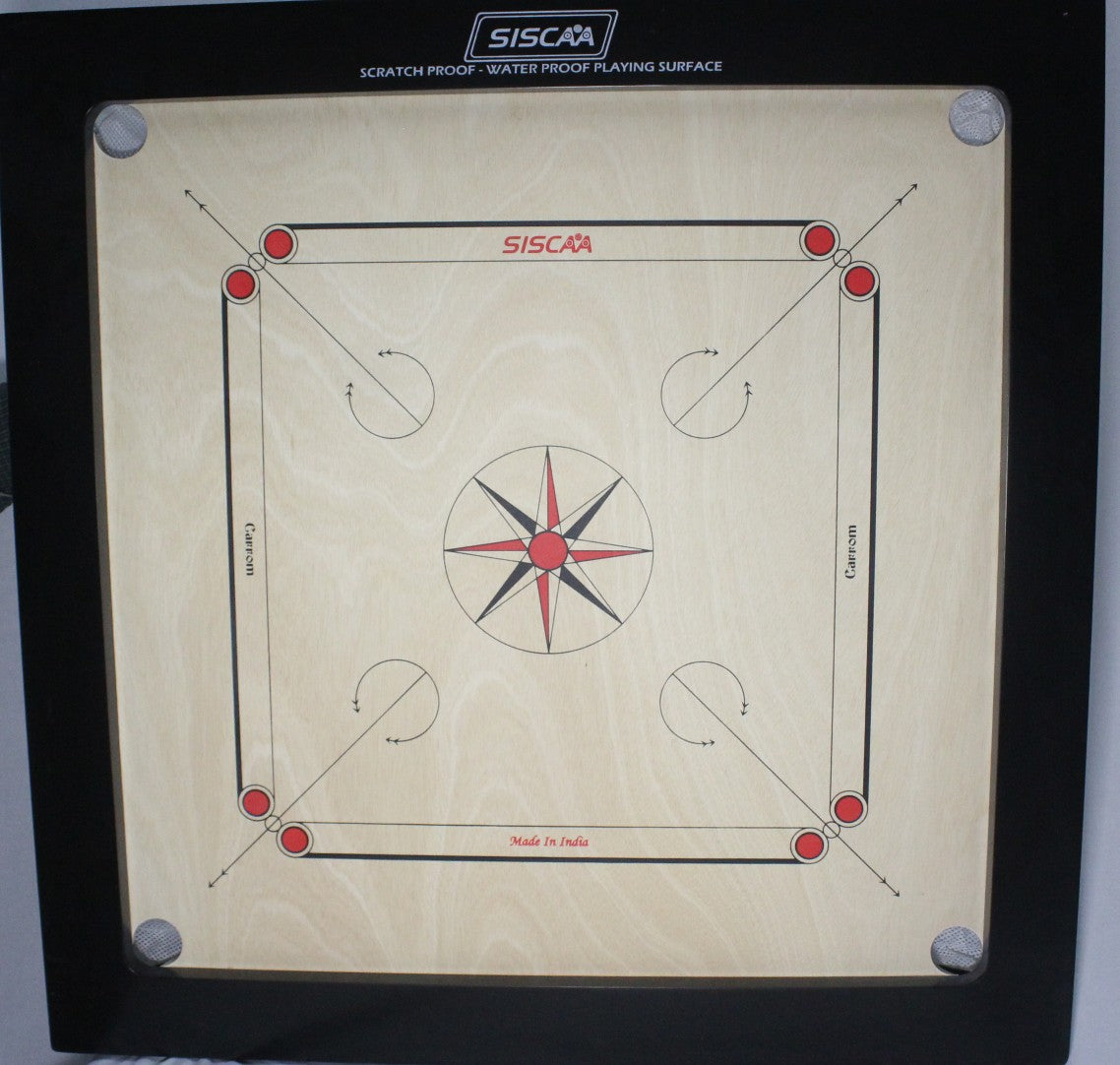 Siscaa Tournament 8mm Indian Ply Carrom Board top view showing 30x30 inch playing surface, red pocket discs, and fast-rebound frame