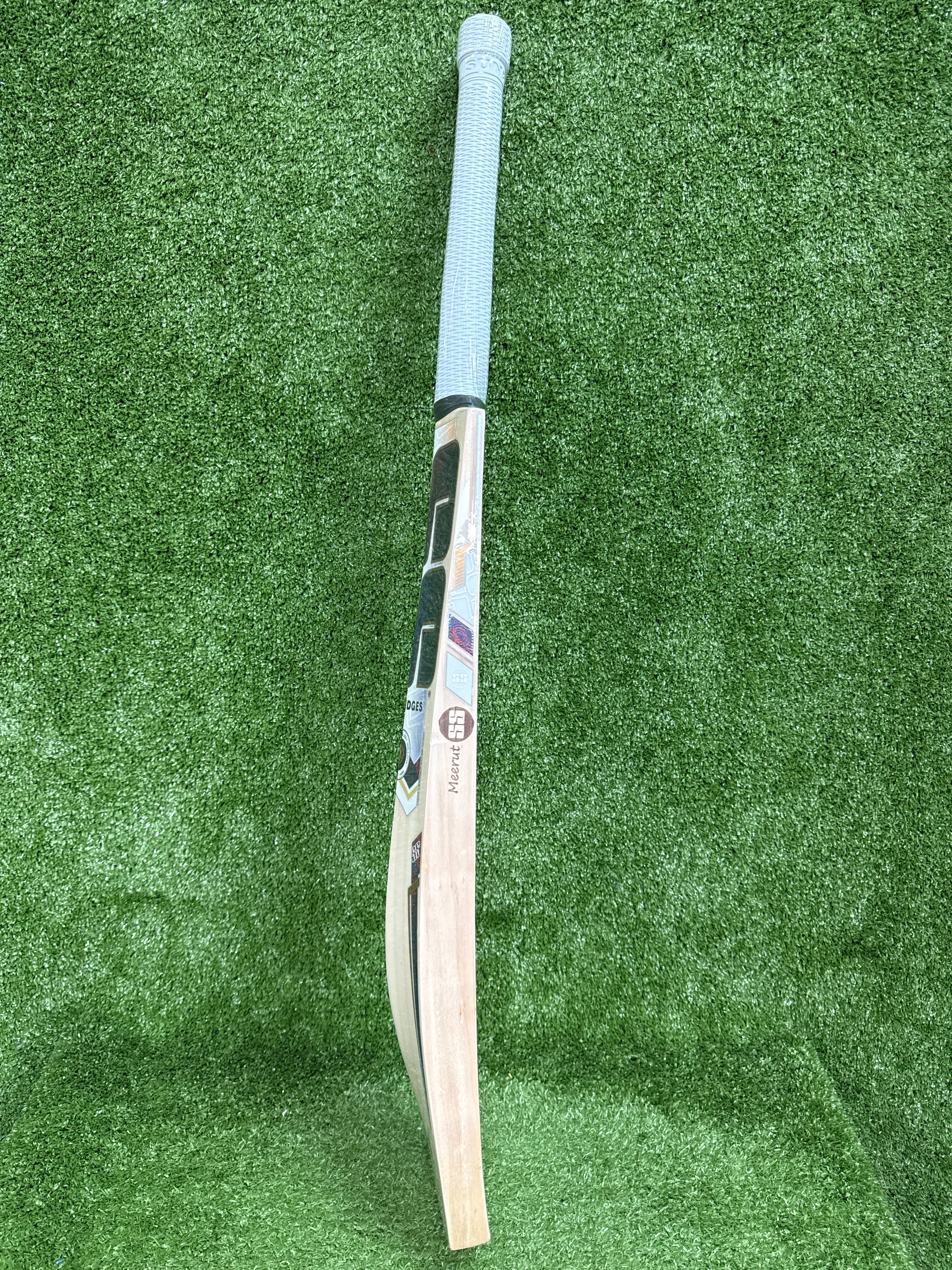 Side profile of the SS Ravindra Jadeja bat showing massive concave TON edges designed for high-impact attacking shots.