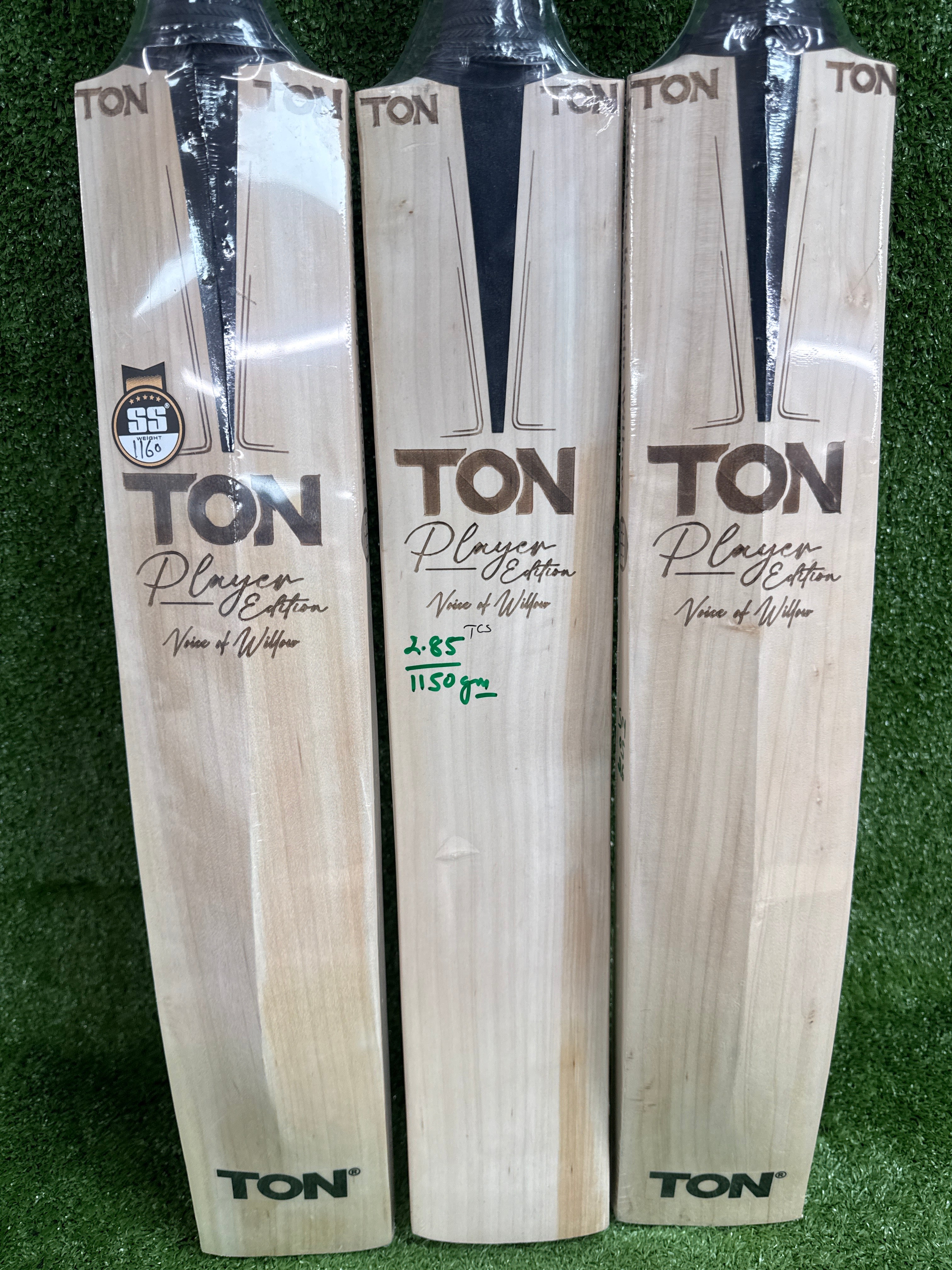 Close-up of the signature 'Voice of Willow' stamp and SS stickers on the back of the Grade 1 Kashmir Willow cricket bat.