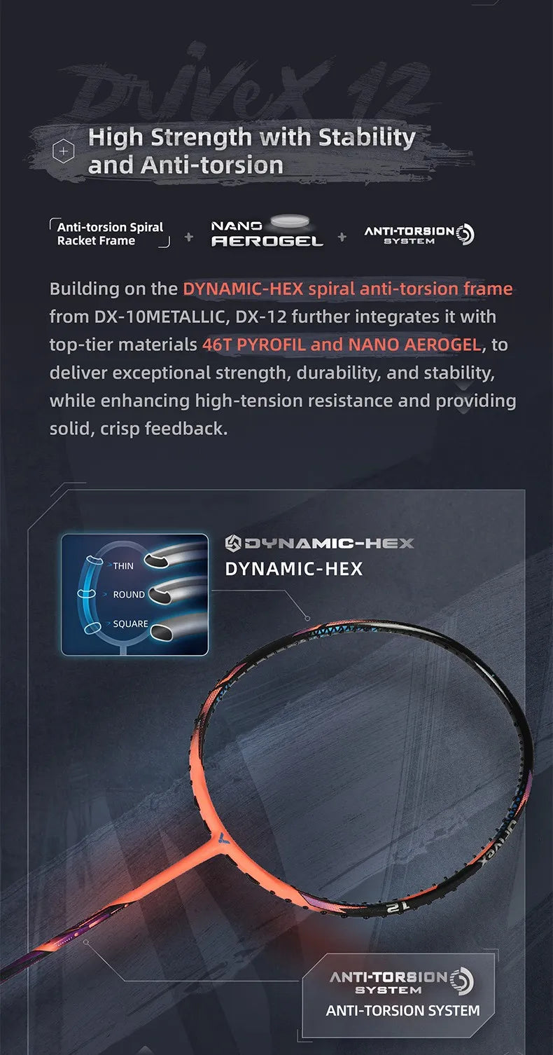 Promotional graphic detailing the Victor DriveX 12's high strength and stability, featuring the Anti-torsion Spiral Racket Frame, Nano Aerogel, and Dynamic-Hex technologies.