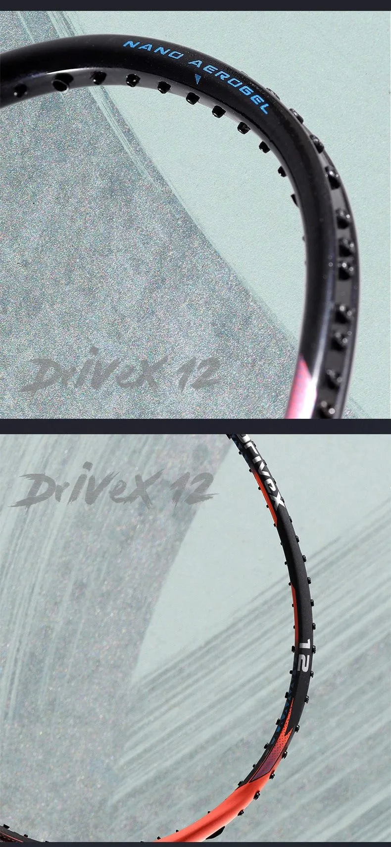 Close-up shots of the Victor DriveX 12 badminton racket frame, highlighting the premium design and Nano Aerogel technology embedded in the racket head.