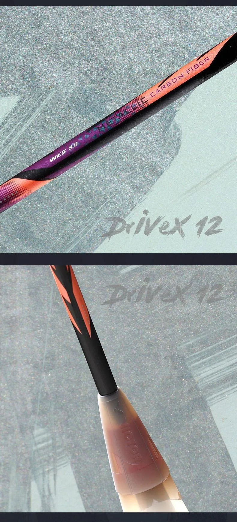 Detailed view of the Victor DriveX 12 racket shaft and handle, highlighting premium materials like Metallic Carbon Fiber for whipping power and Free Core technology for vibration dampening.