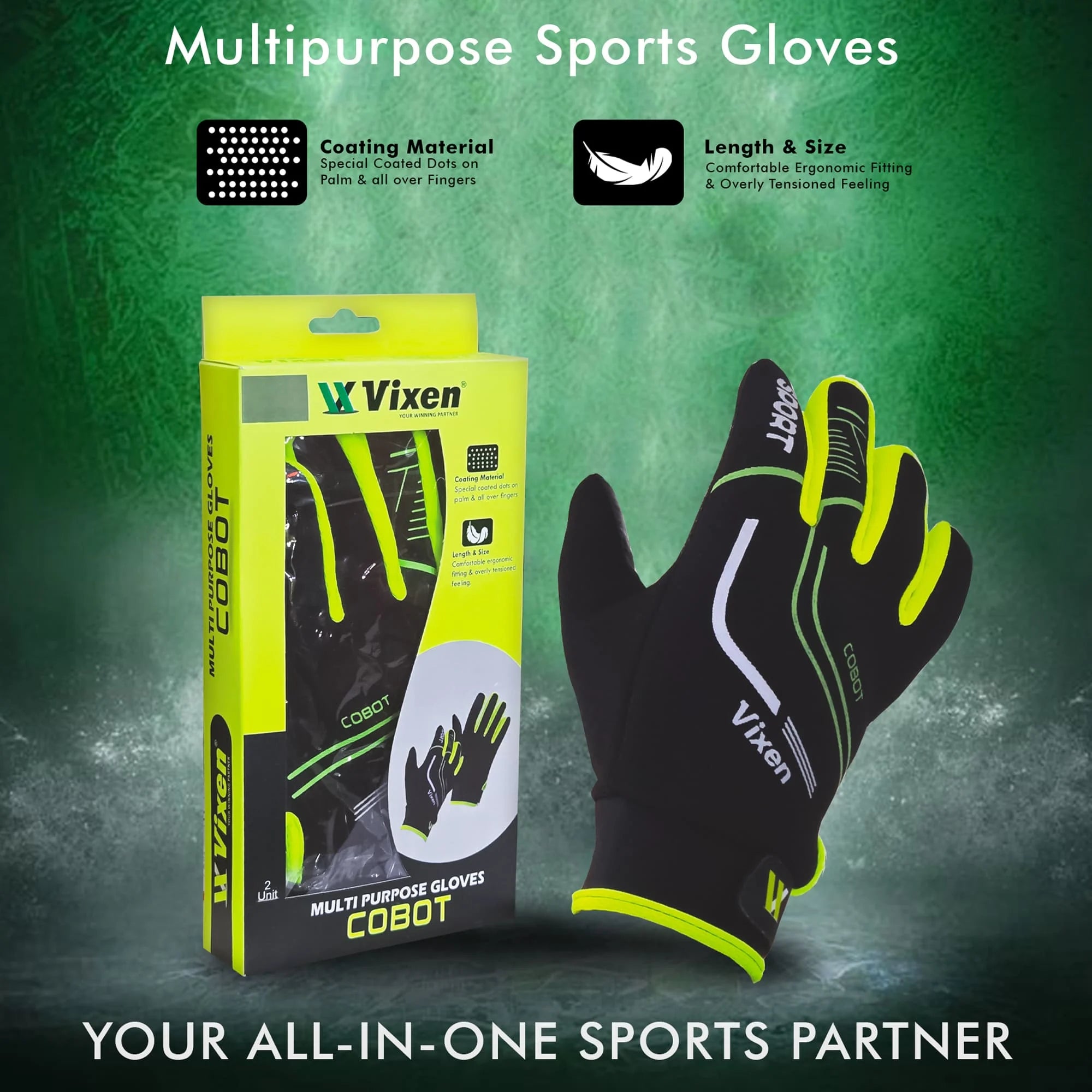 Close up of the specialized coated dotted grip on the palm and fingers of the Vixen Cobot cricket gloves.