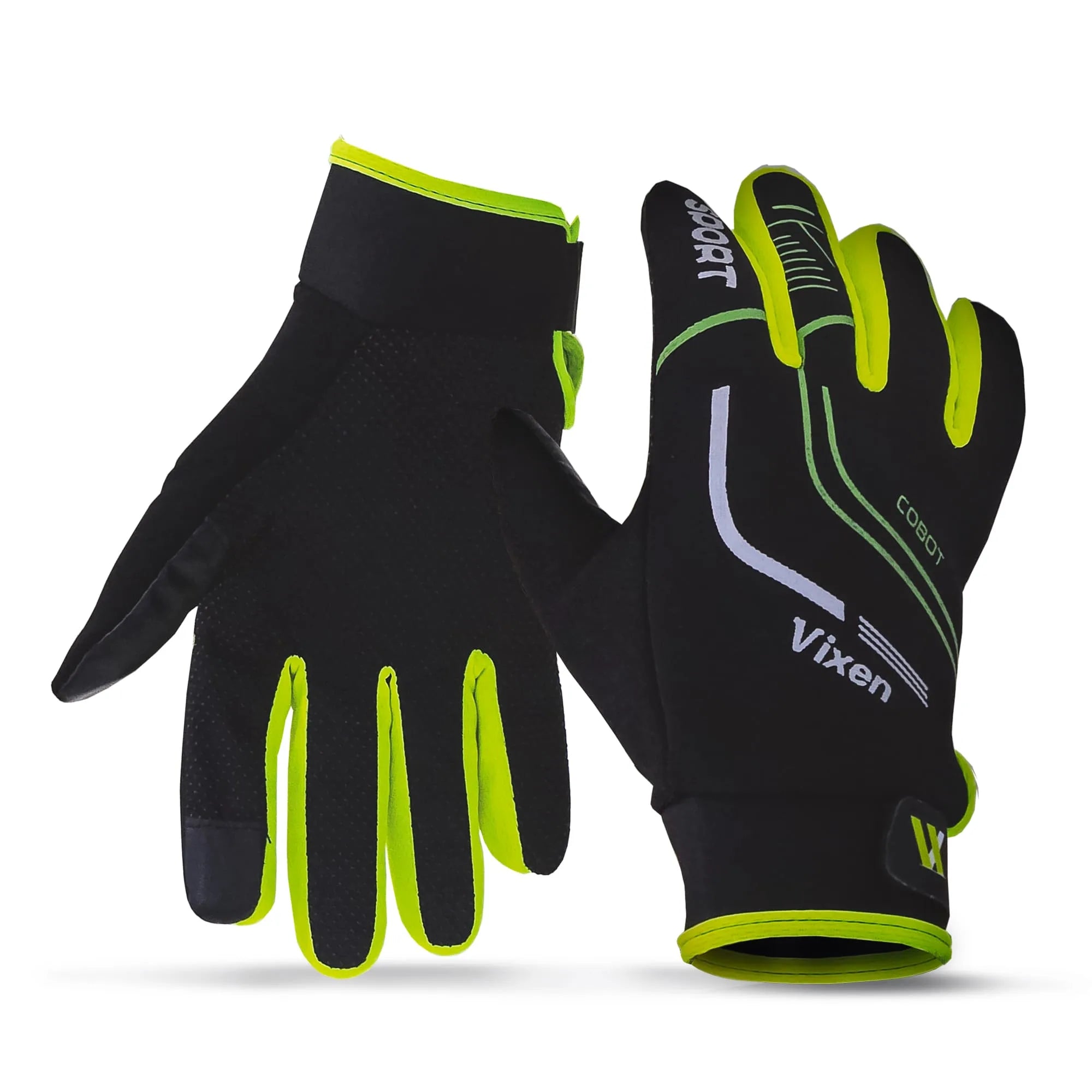 Full front view of the black and neon Vixen Cobot multipurpose cricket gloves showing the dotted palm grip.