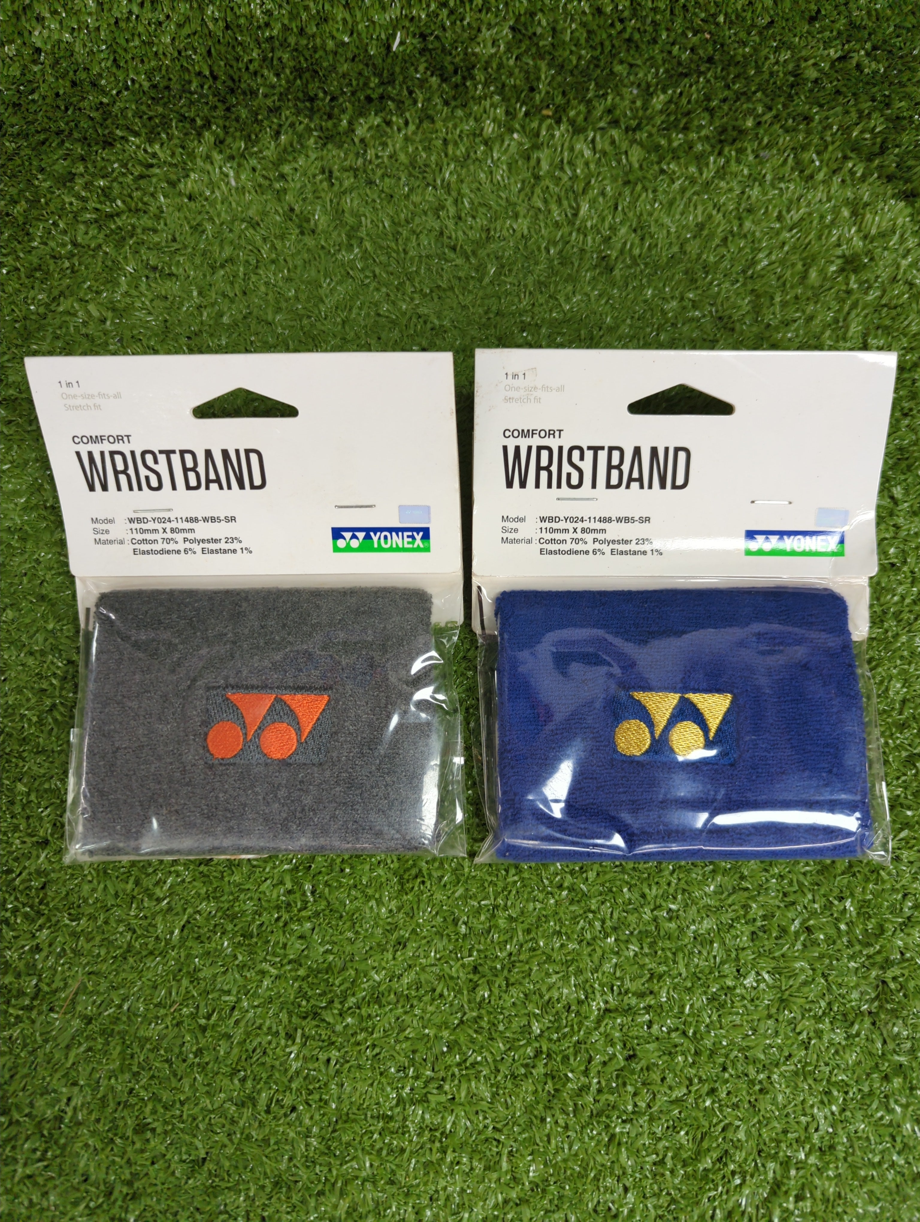 Full front view of the Yonex small logo athletic wristband in its original packaging.