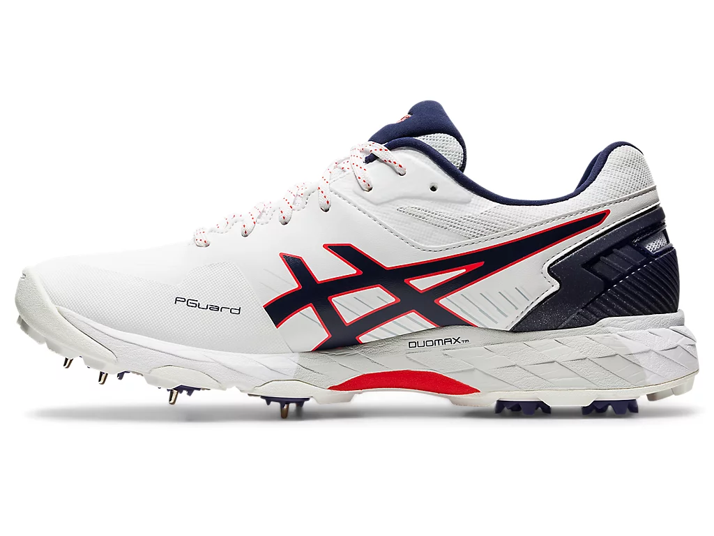 Asics 350 Not Out FF (White/Peacot) Cricket Metal Spike Shoes by Asics - close-up detail - TopCricketStore