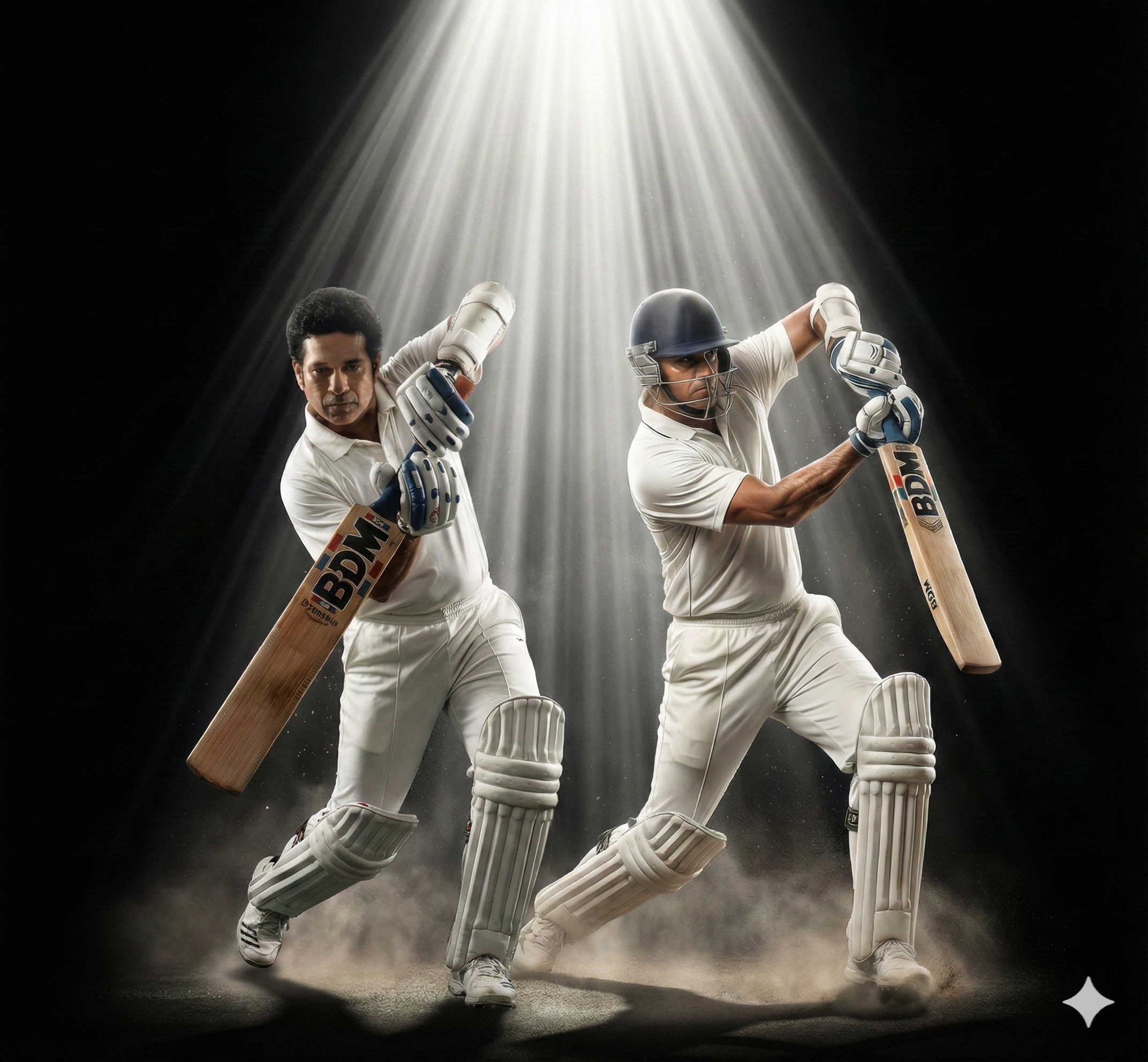 Sachin Tendulkar and Rahul Dravid doing Batting action with a BDM Players Cricket Bat