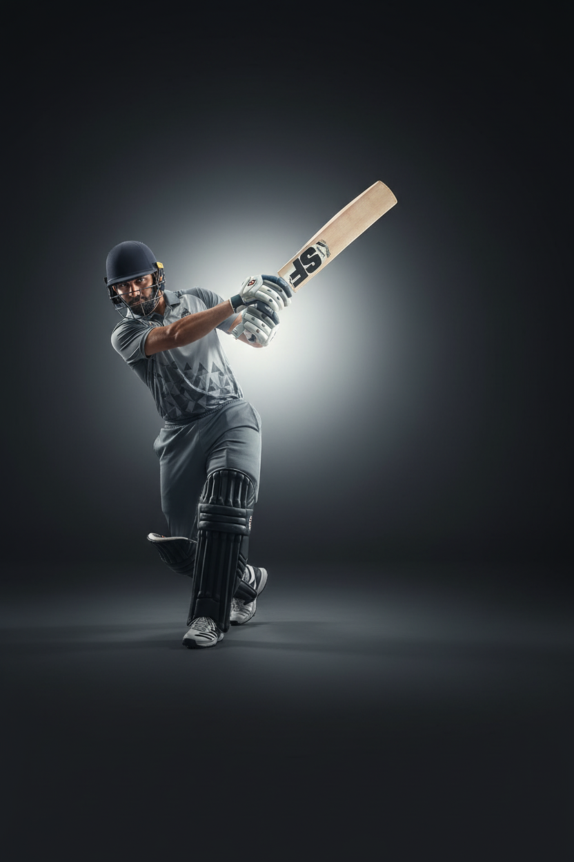 Cricket player(Rajat Patidar) in a dynamic batting stance holding an SF English Willow cricket bat against a dark, dramatic background.