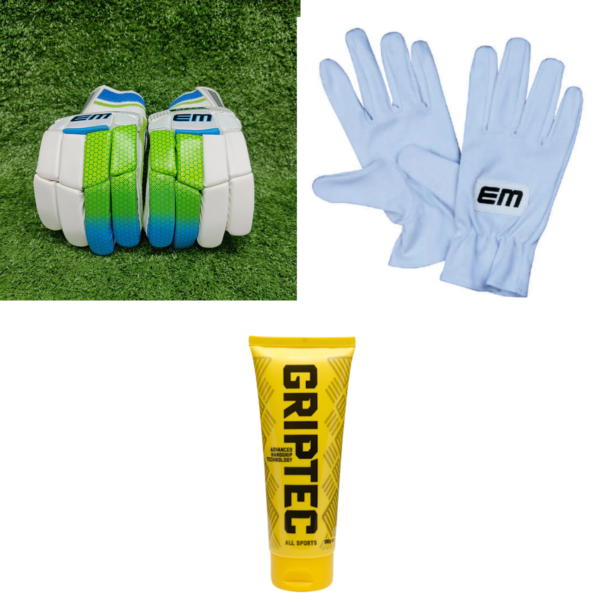 EM GT 5.0 Junior / Youth Cricket Batting Gloves + EM GT 3.0 Cricket Batting Inner Gloves Adult Junior / Youth + Griptec Handgrip Cream