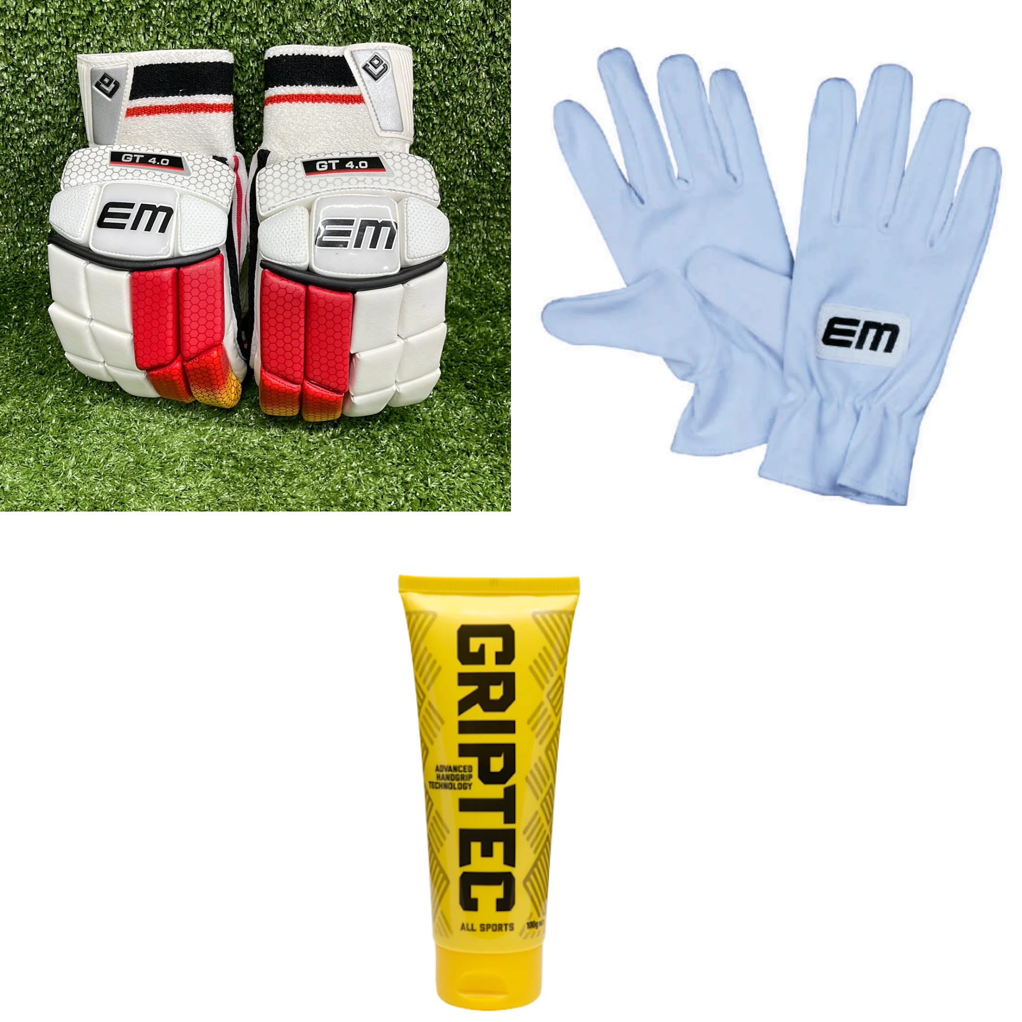 EM GT 4.0 Junior / Youth Cricket Batting Gloves + EM GT 3.0 Cricket Batting Inner Gloves Adult Junior / Youth + Griptec Handgrip Cream