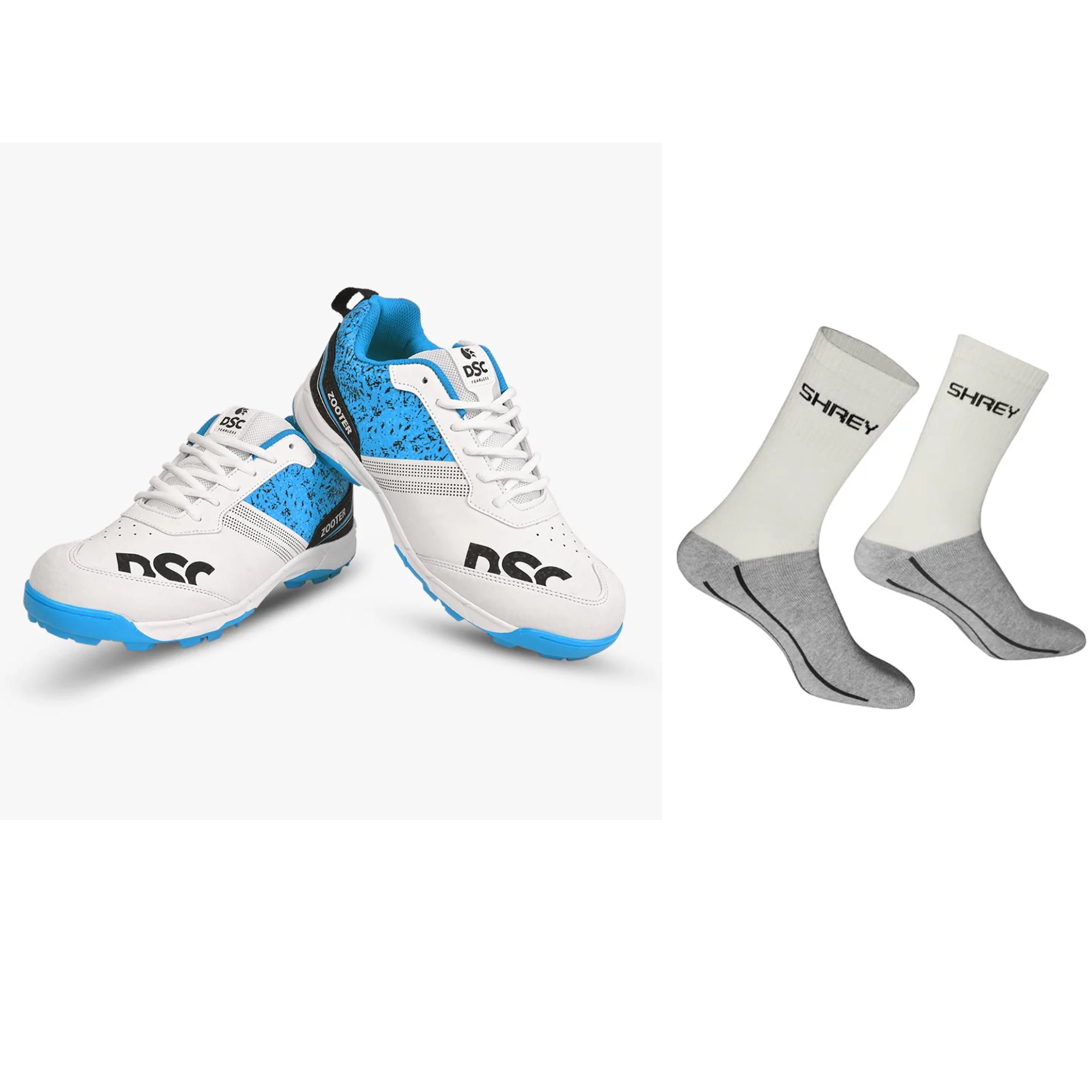 DSC Zooter Junior Cricket Shoes Blue and White + Shrey Original Match Socks