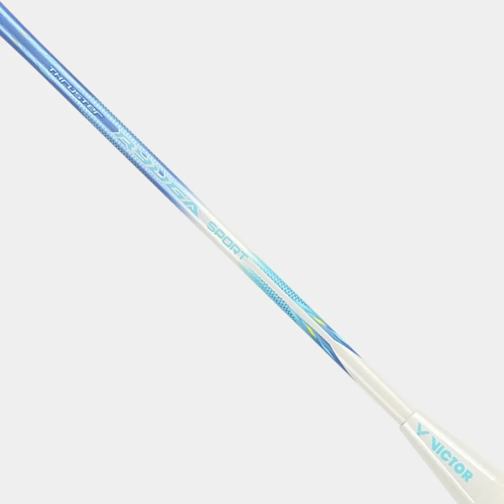 Side view of the Victor Thruster Ryuga Sport F graphite shaft in light blue and white.