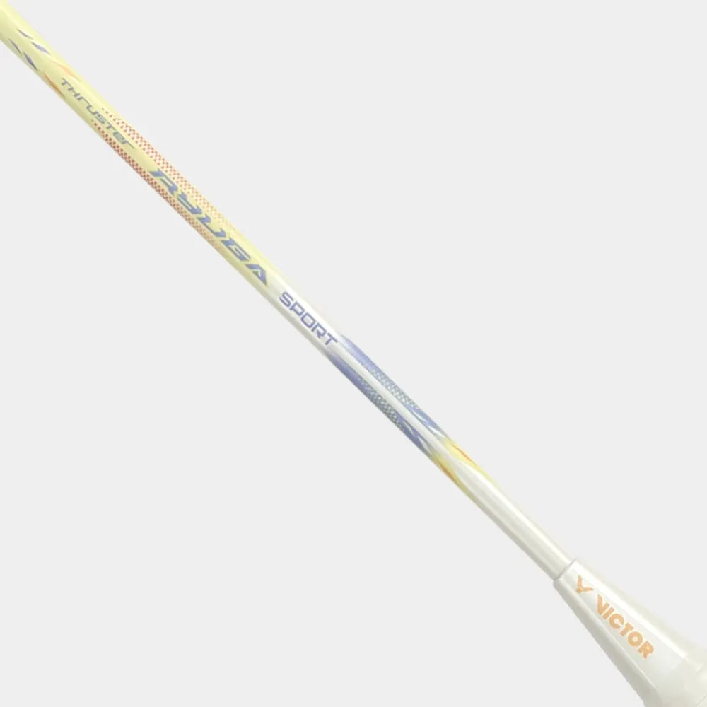 Side profile of the Victor Thruster Ryuga Sport E yellow and white graphite shaft.