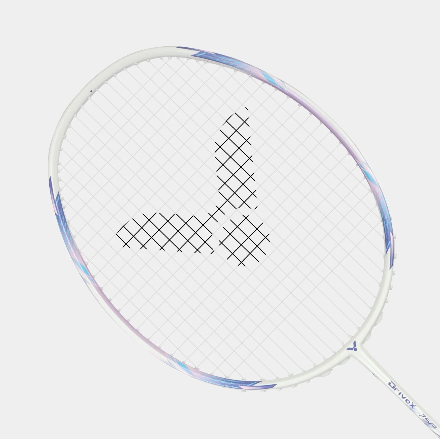 Victor DriveX 7SP AJ Badminton Racket frame and string bed view in white and light blue.