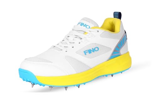 FINO C-01 White and Yellow Junior Metal Spikes Cricket Shoes