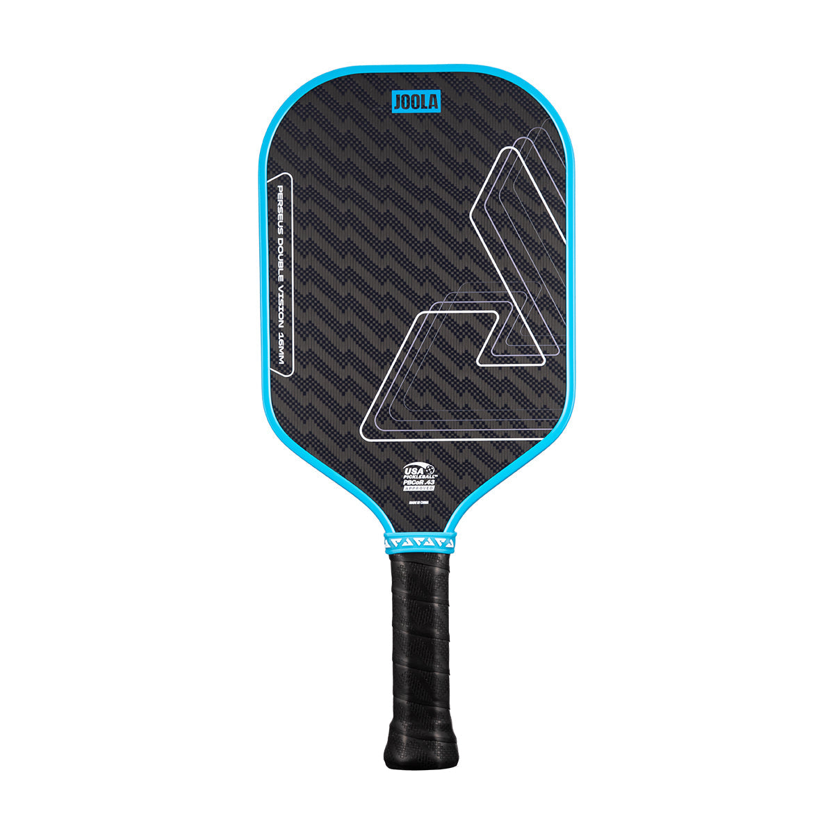JOOLA Perseus Double Vision 16mm pickleball paddle in Bolt Blue, front view
