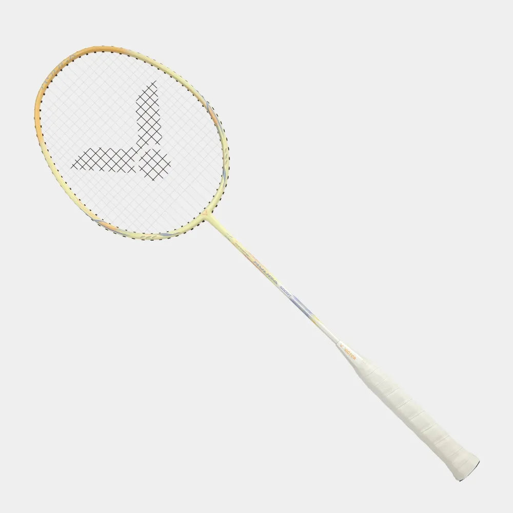 Full length view of the Victor Thruster Ryuga Sport E beginner badminton racket in yellow.
