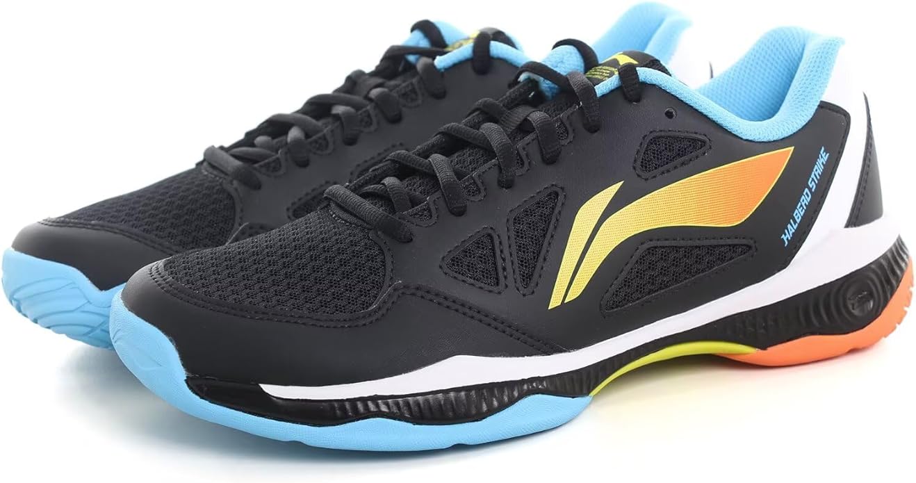 Side profile of the Li-Ning Halberd Strike athletic shoes displaying the sleek black design with white and gold accents.