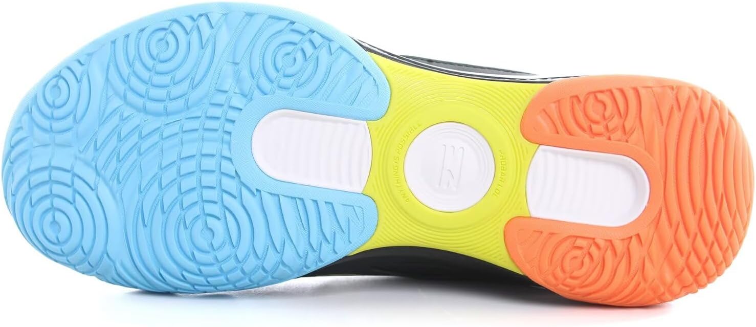 Back heel view of the black and white Li-Ning Halberd Strike badminton shoes showing the reinforced ankle support.