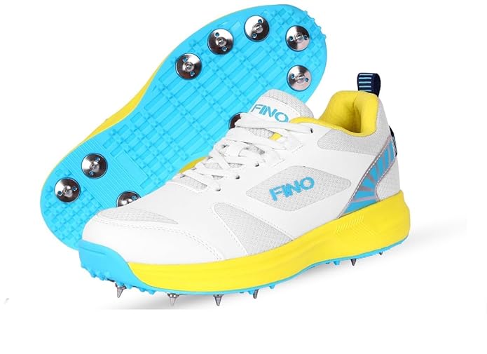 FINO C-01 White and Yellow Junior Metal Spikes Cricket Shoes