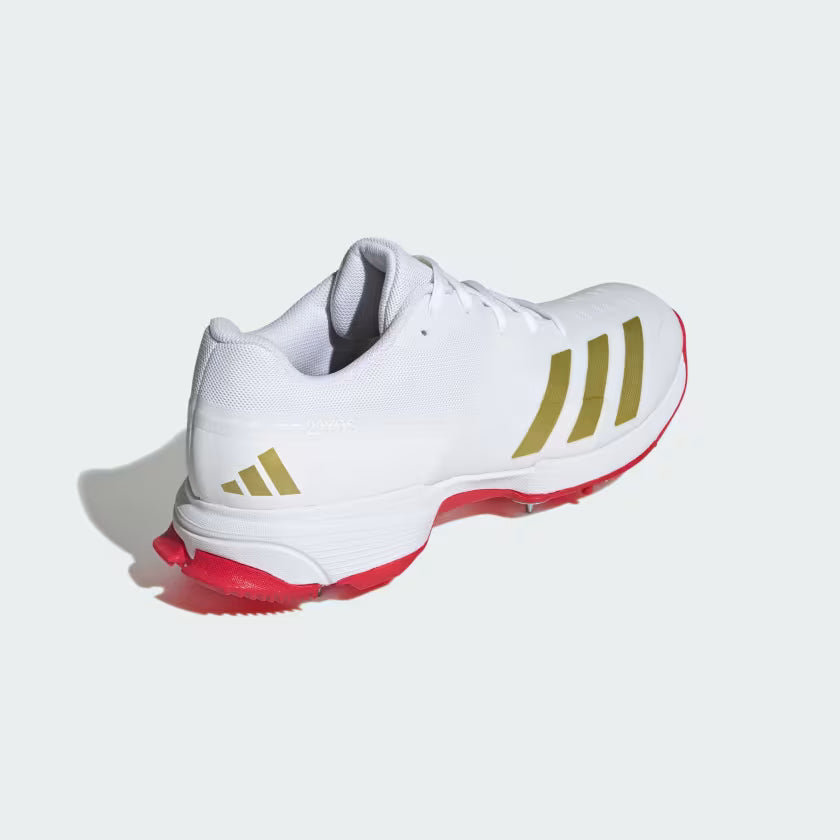 Adidas 22YDS Cloud White / Gold Metallic / Pure Ruby Cricket Metal Spike Shoes by Adidas - packaging view - TopCricketStore