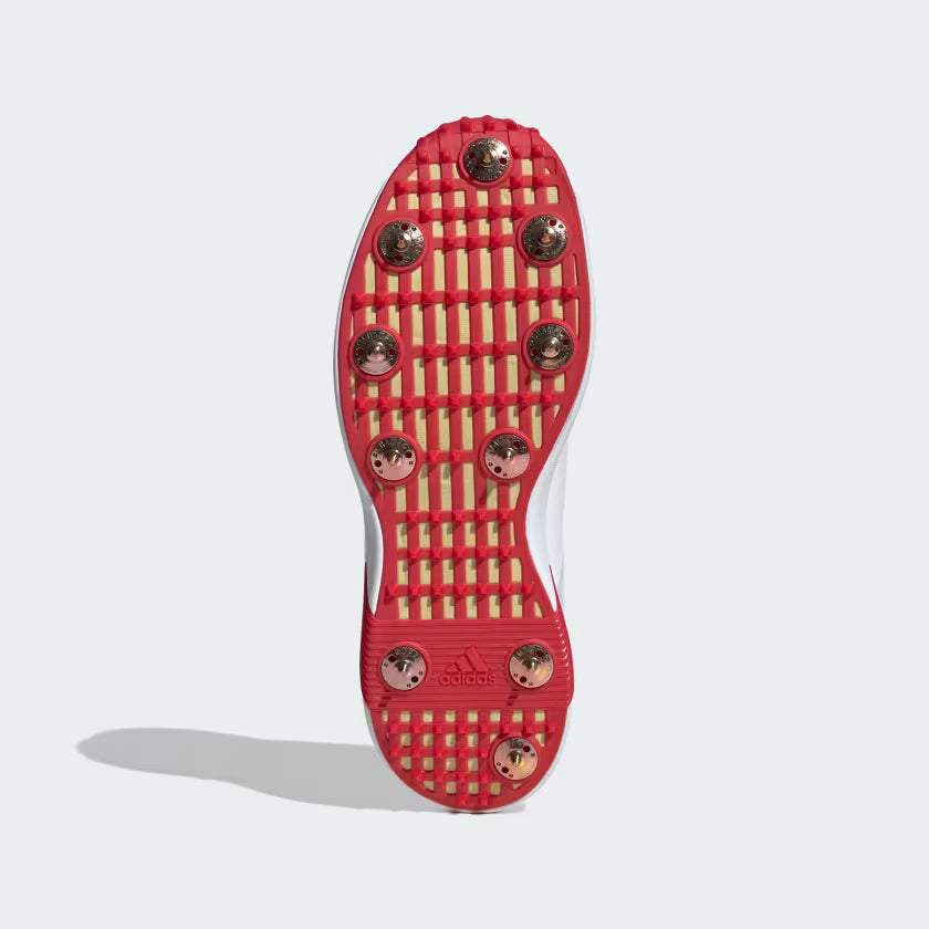 Adidas Adipower Vector Mid 20 Cloud White / Gold Metallic / Pure Ruby Cricket Metal Spike Shoes by Adidas - back view - TopCr