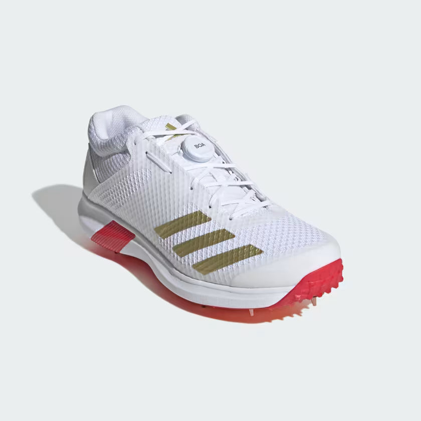 Adidas Adipower Vector Mid 20 Cloud White / Gold Metallic / Pure Ruby Cricket Metal Spike Shoes by Adidas - close-up detail -