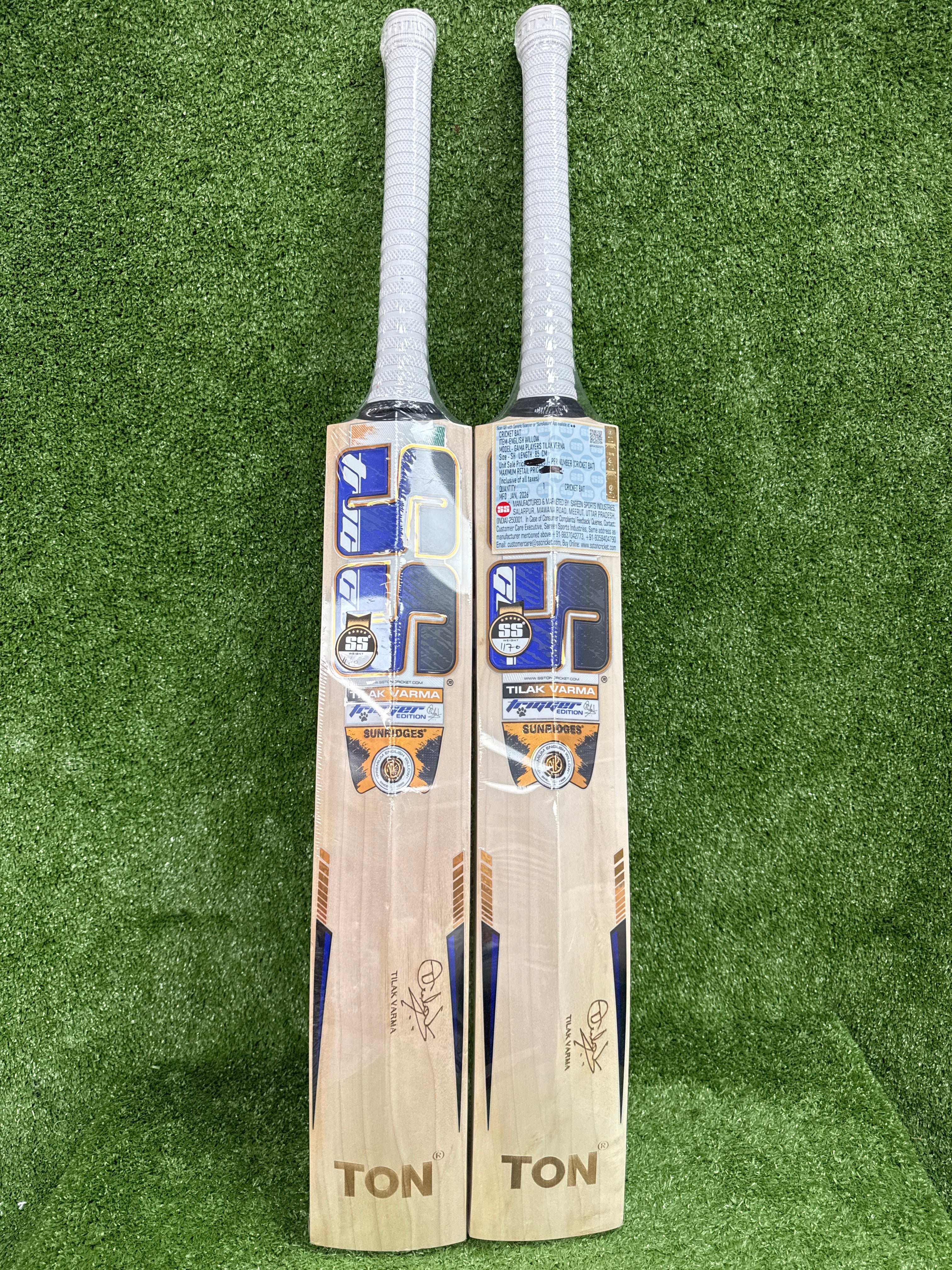 SS Gama Players Tilak Varma English Willow Cricket Bat by SS - close-up detail - TopCricketStore