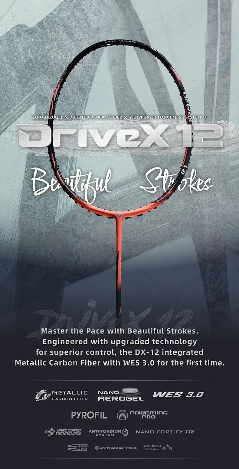 Full view of the Victor DriveX 12 Badminton Racket in Orange, Zheng Si Wei Edition.