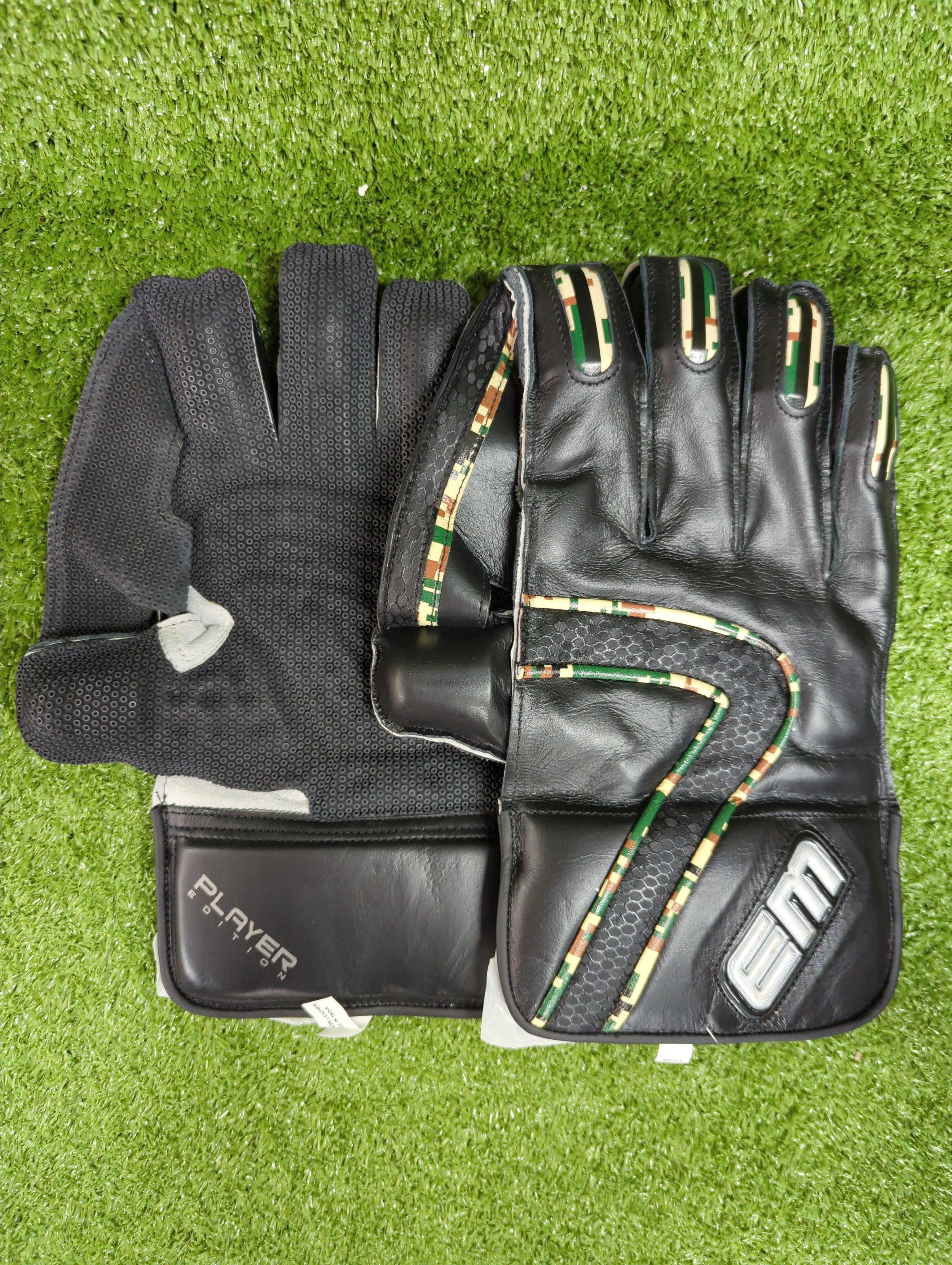 EM MSD Dhoni Adult Cricket Wicket Keeping Gloves - Black/Camo Green - One front and one back