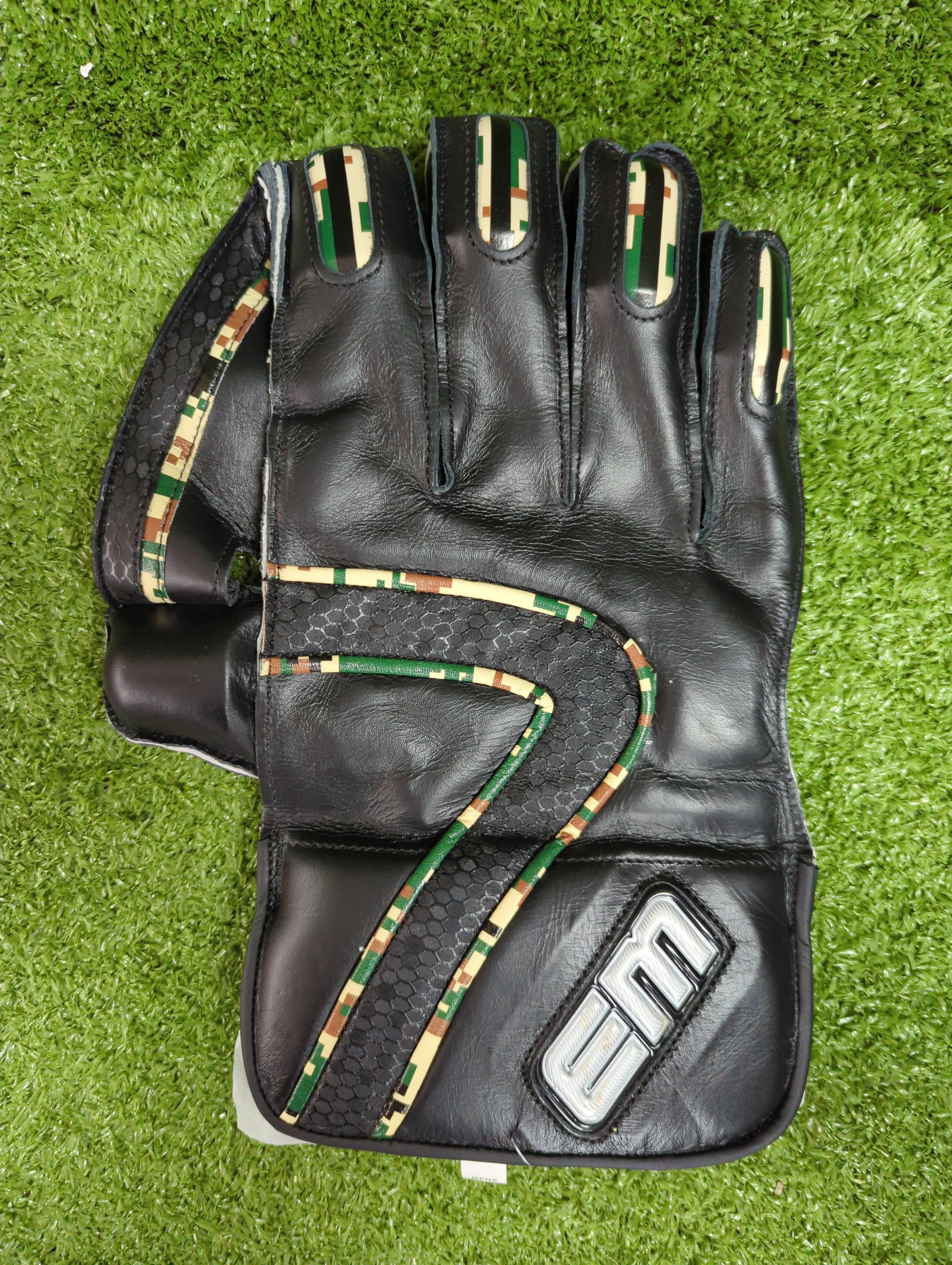 EM MSD Dhoni Adult Cricket Wicket Keeping Gloves - Black/Camo Green - one front