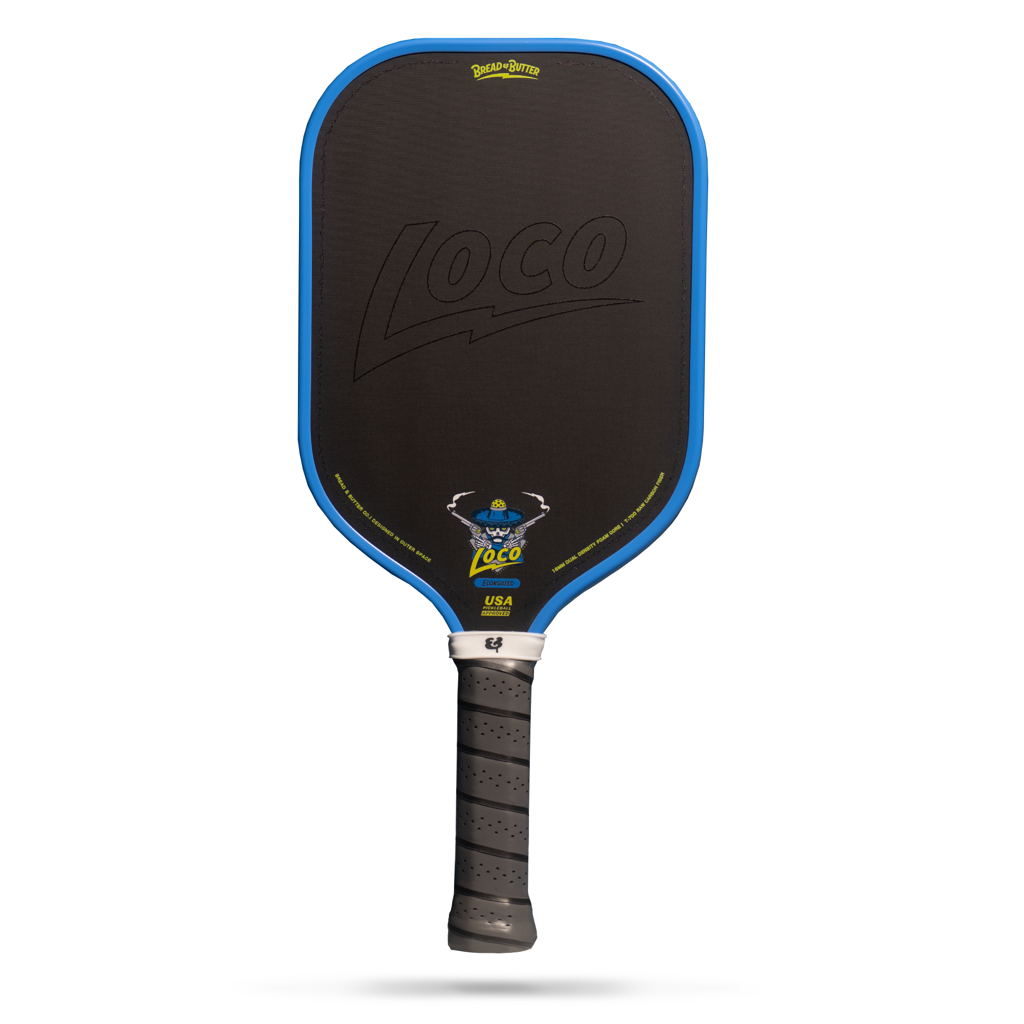 Bread & Butter Loco 16mm pickleball paddle, Elongated shape in Azul, full face view