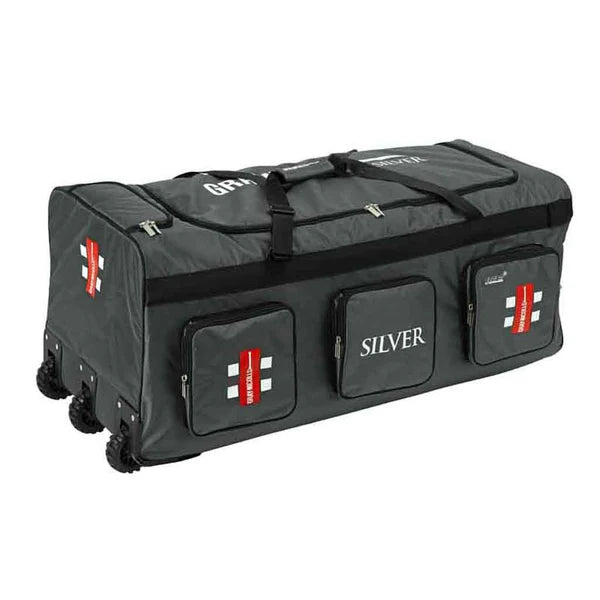 Large gray sports bag with black accents and visible branding on a white background