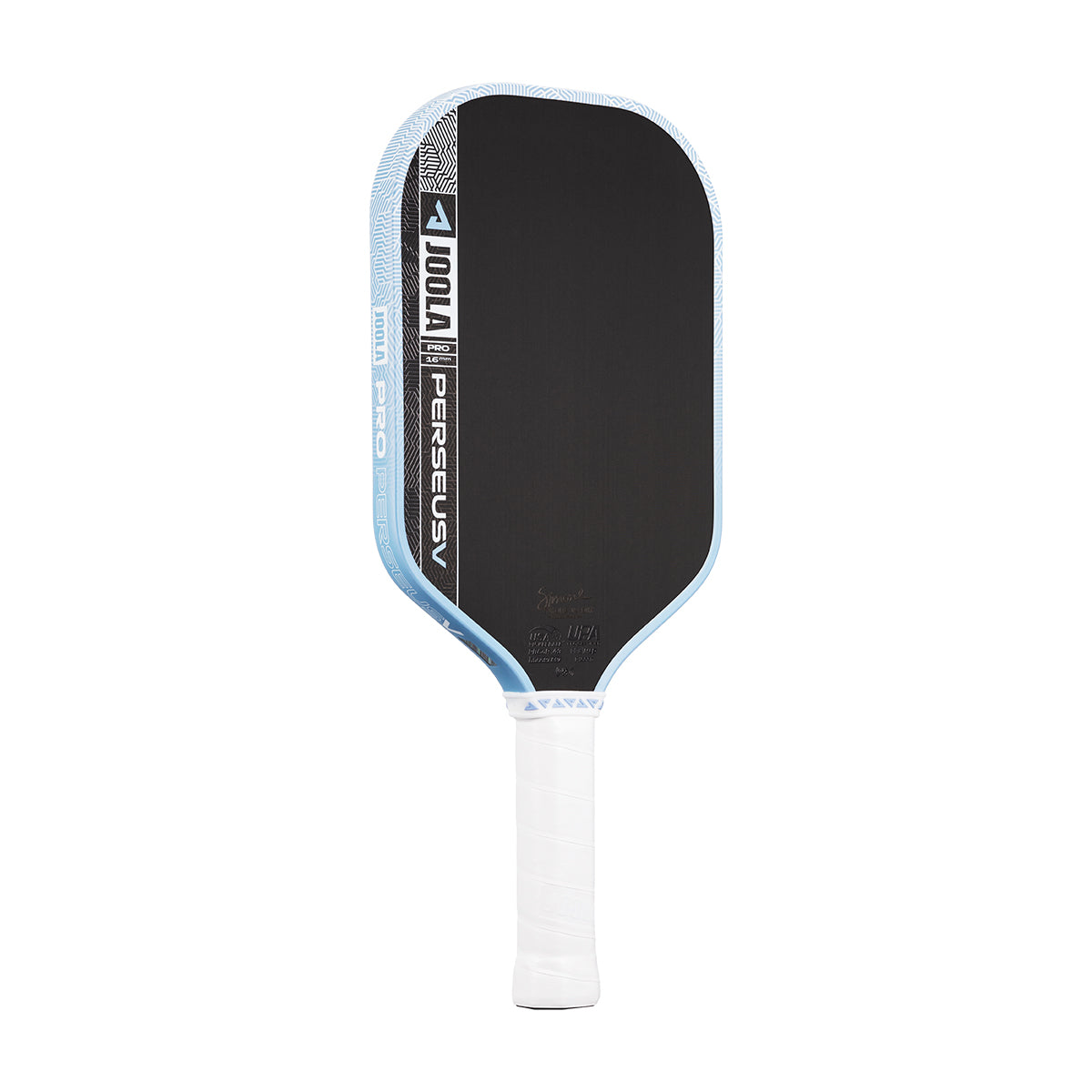 Close up of JOOLA Perseus Pro V paddle face and 16mm Pro branding, Simone Jardim Breeze Blue