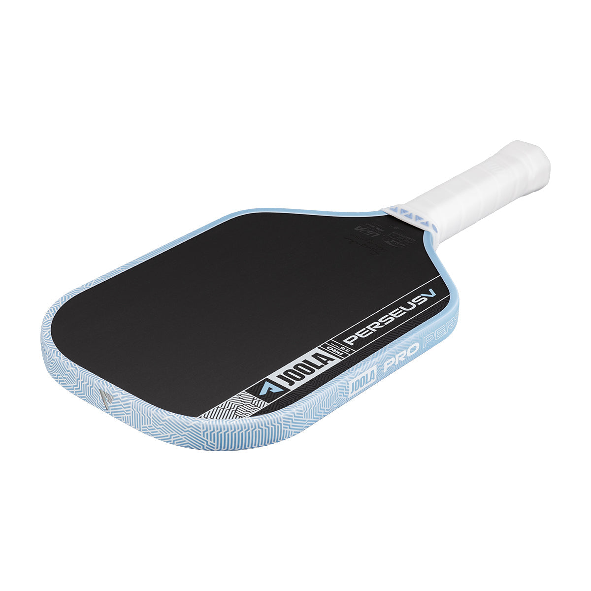 JOOLA Perseus Pro V pickleball paddle side view showing edge guard and handle, Breeze Blue
