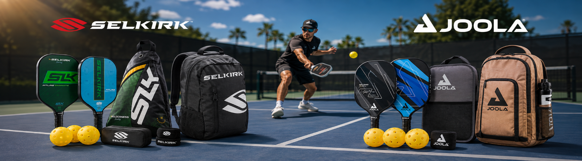A promotional banner for Selkirk and Joola pickleball gear on a blue pickleball court. On the left, three pickleballs, a green paddle, a blue paddle, and a black Selkirk backpack are displayed.