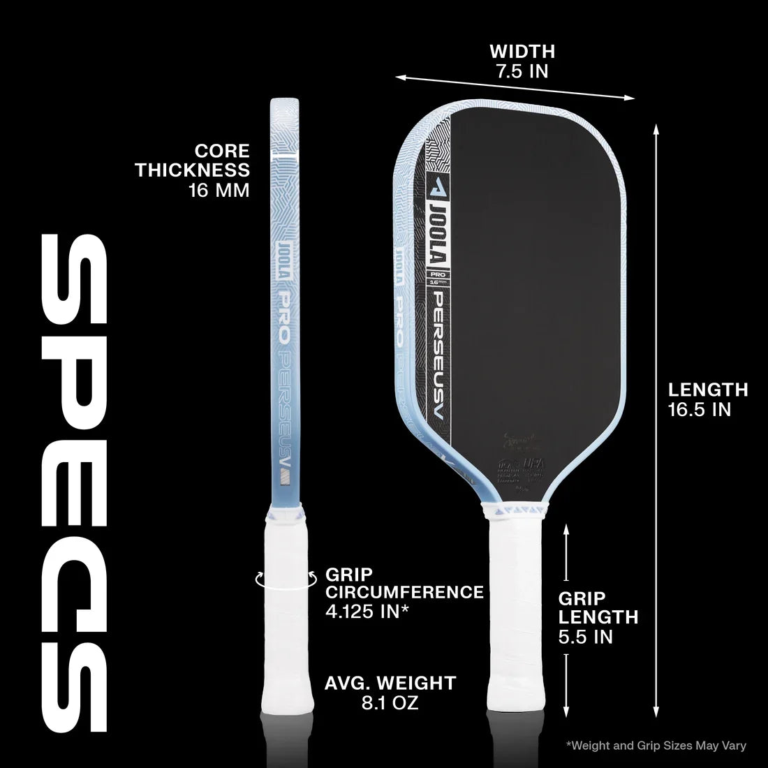 JOOLA Perseus Pro V 16mm specification infographic, Breeze Blue