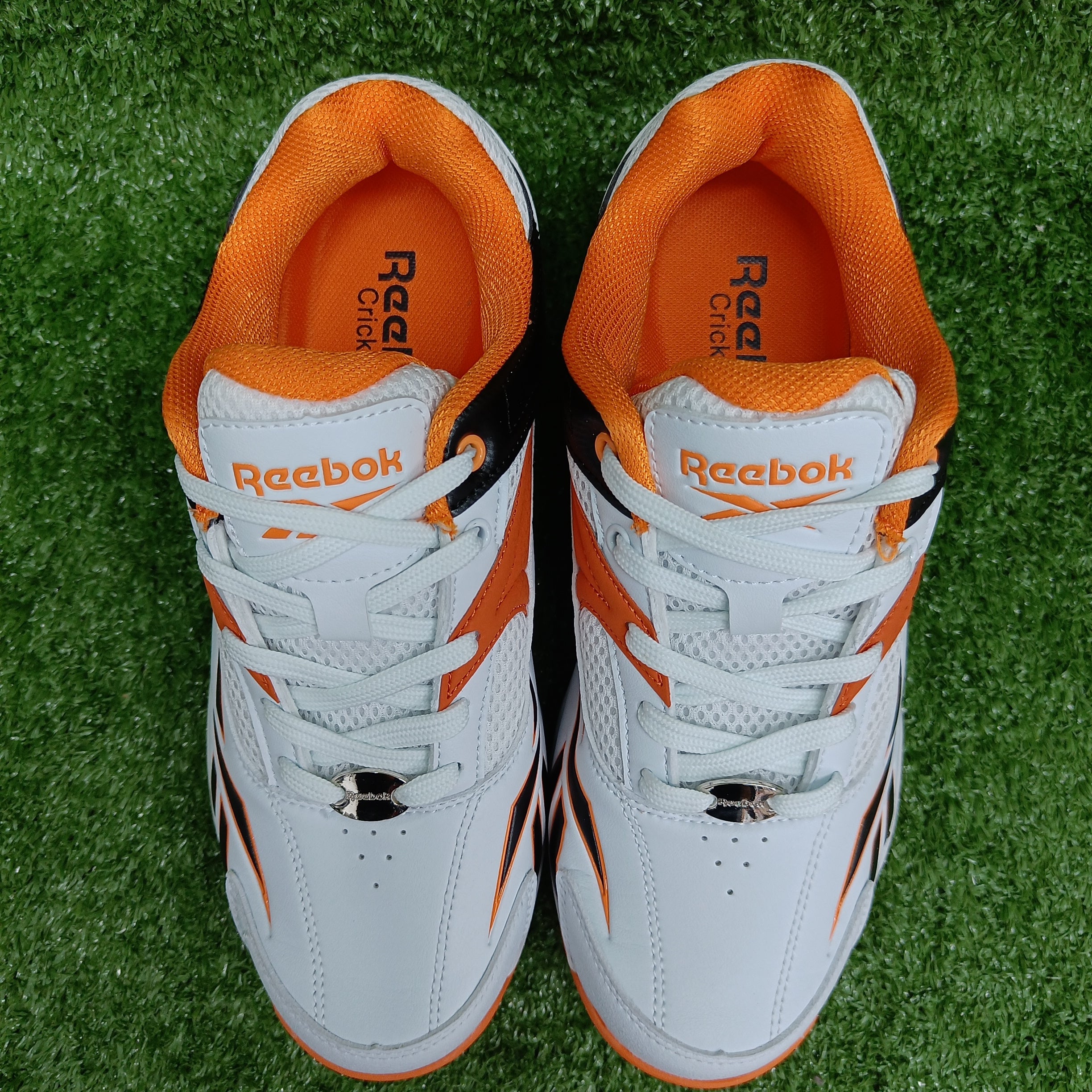 Reebok Not Out Syndicate White Black Shocking Orange Cricket Metal Spike Shoes-3-Top_Cricket_Store